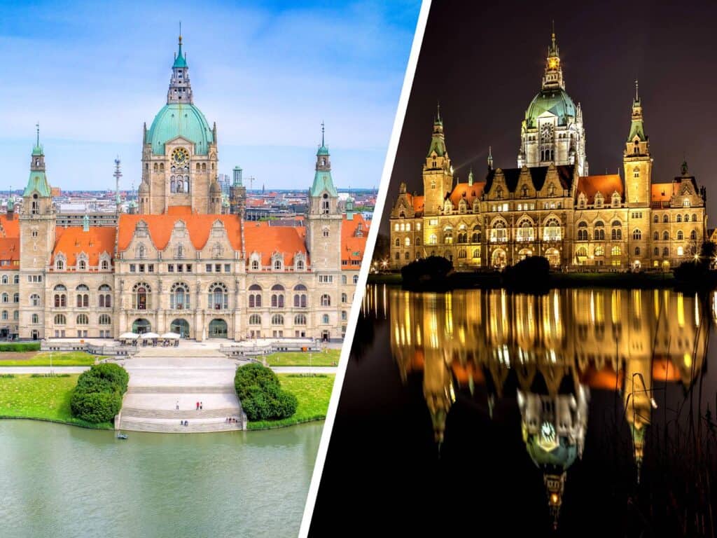 Blick auf das Neue Rathaus in Hannover bei Tag und Nacht, historische Architektur, Stadtansicht.