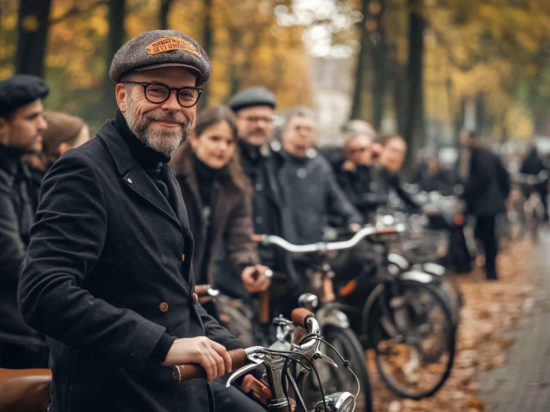 Gruppe von Radfahrern bei der Hannovers Krimi Tour im Herbst.