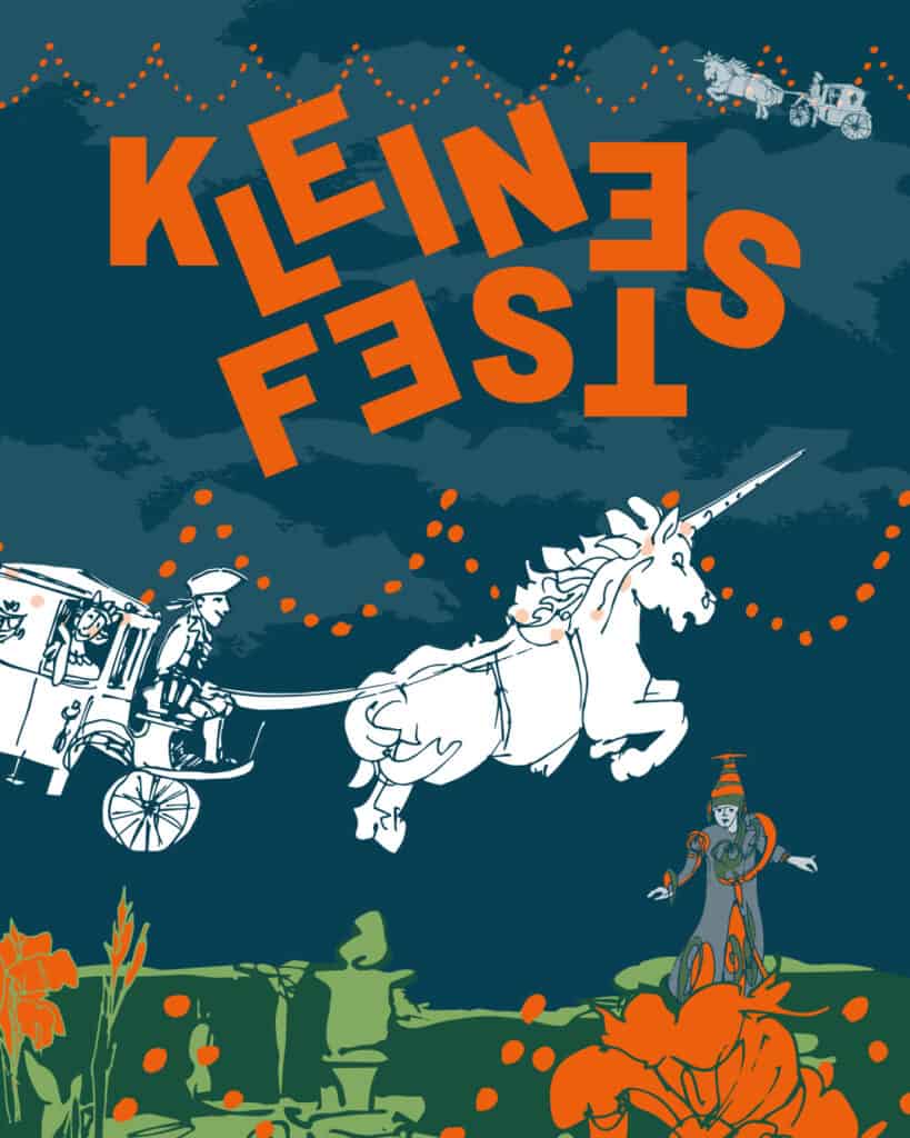 Fest im Großen Garten mit Karussell, Einhorn und bunten Lichtern.