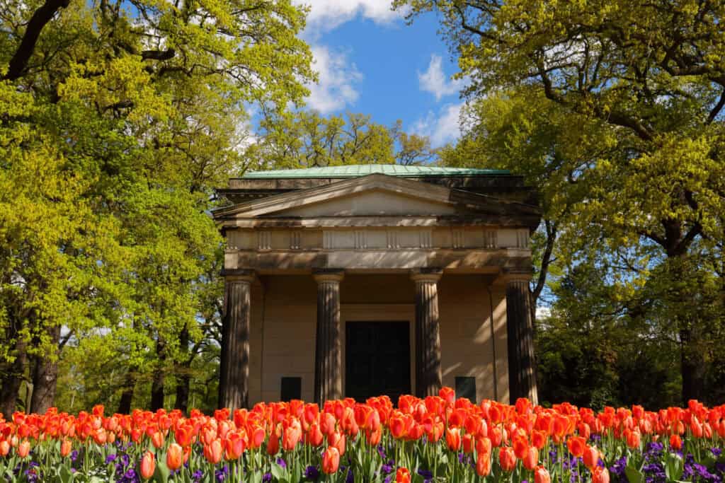 Herrenhäuser Gärten in Hannover mit bunten Tulpen im Vordergrund.