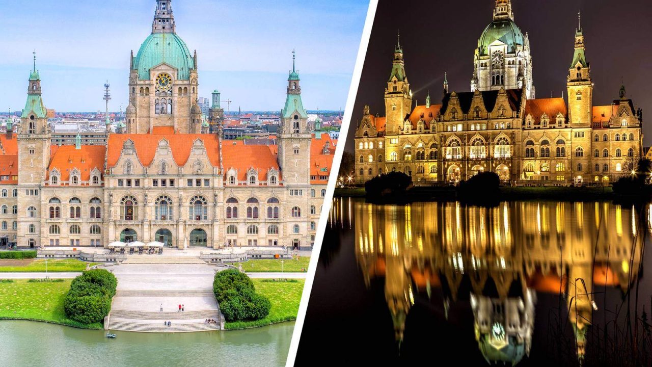 汉诺威新市政厅昼夜景观、历史建筑、城市景观。.