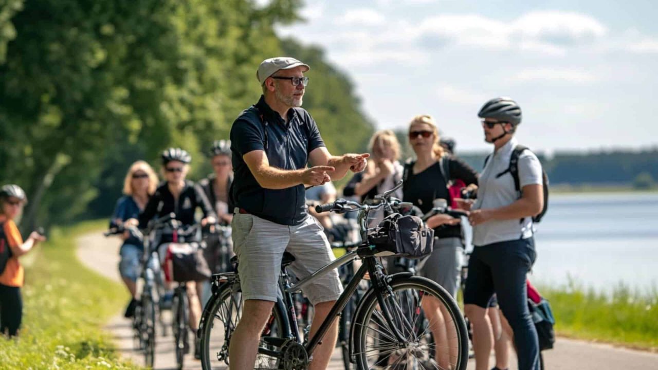 Hannover'de nehir kenarı turunda bir grup bisikletçi, güneşli hava, yeşil doğa.