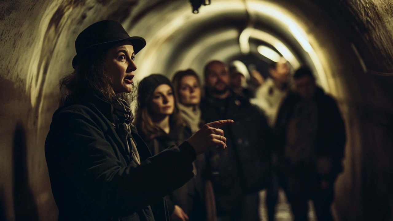 Обиколка на града в историческия тунел с екскурзовод и група.