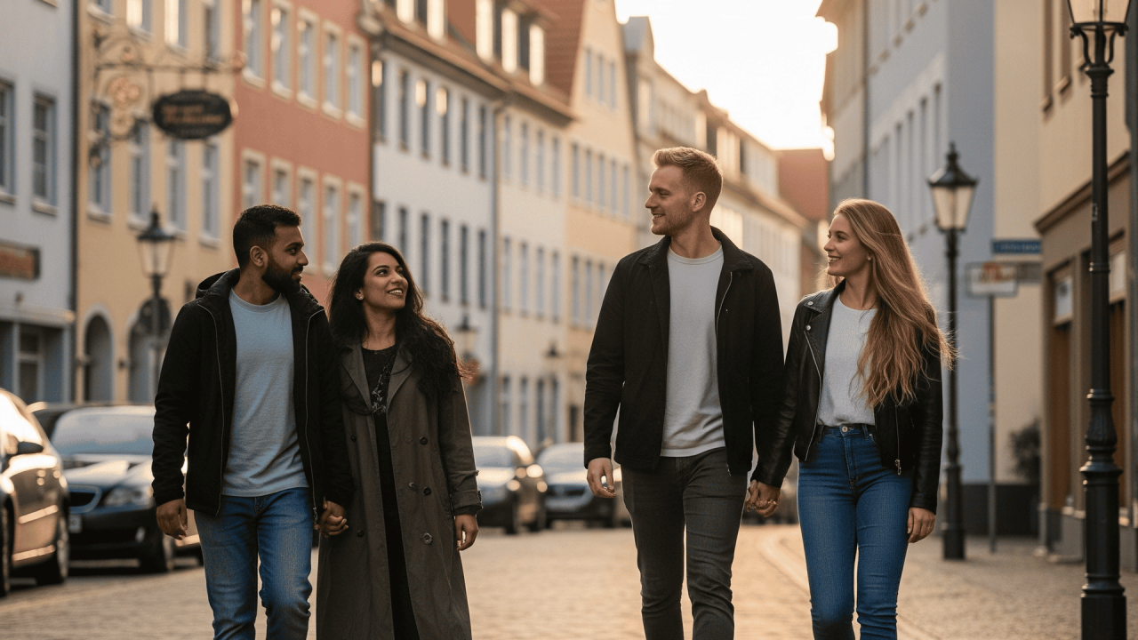 Hannover'de yürüyen bir grup genç, arka planda şehir manzarası.