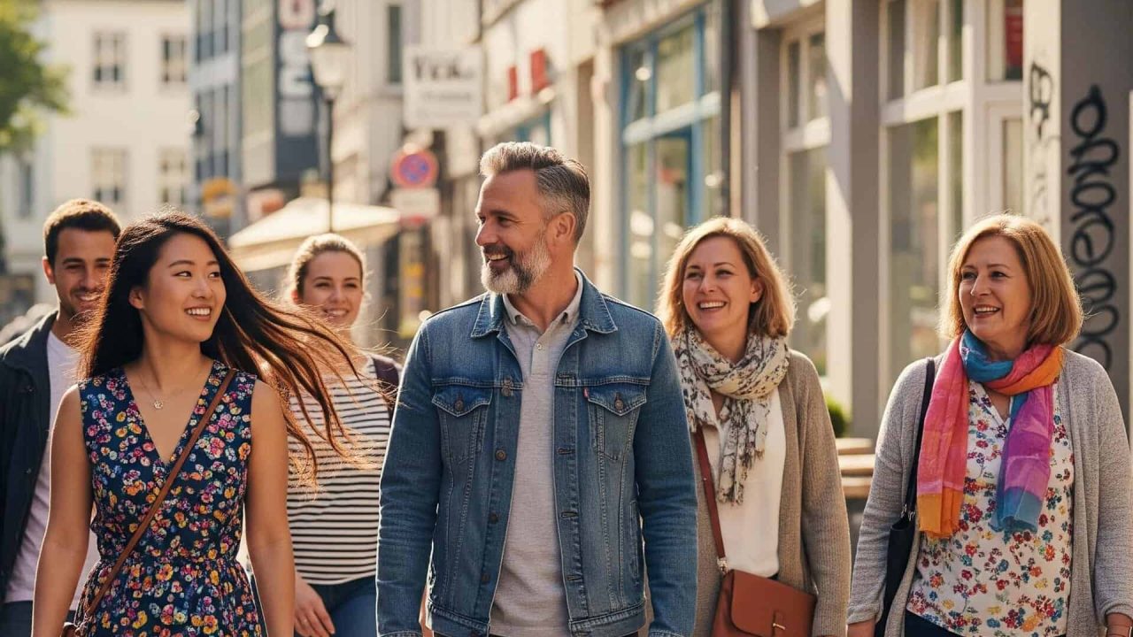 Almanya'nın Hannover kentinde şehirde dolaşan bir grup genç.